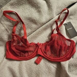 Deyllo Lace Balconette Bra See Through Demi Unlined Mesh Sheer Underwire Red 34B